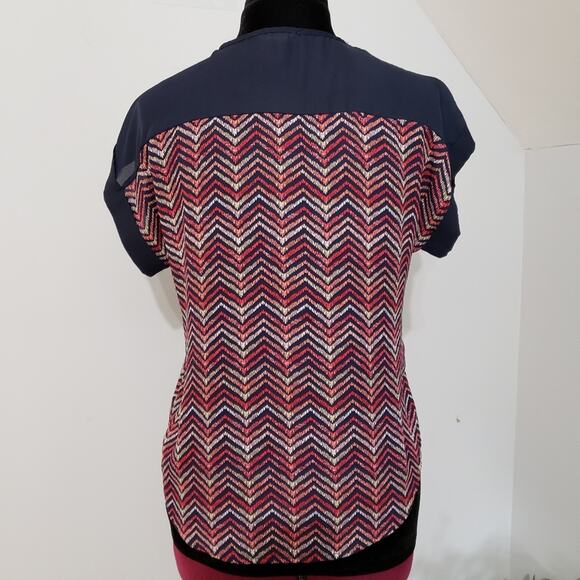 Chevron Striped Zipper Semi Sheer Short Sleeve Top Large Indie Boho Chic Retr - Picture 5 of 13